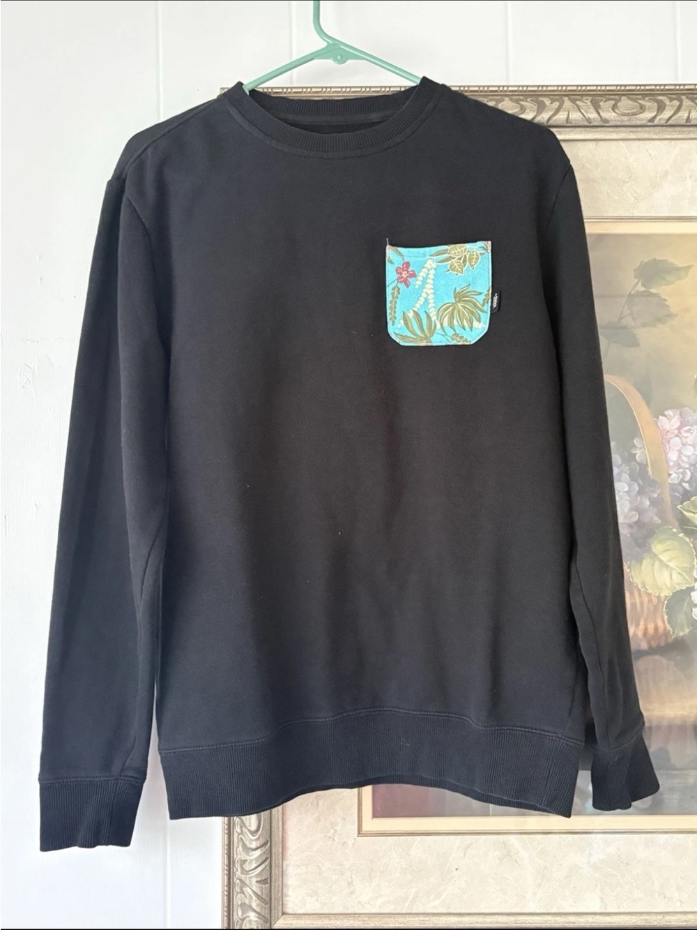 Vans Black Crewneck Sweatshirt with Turquoise Floral Pocket